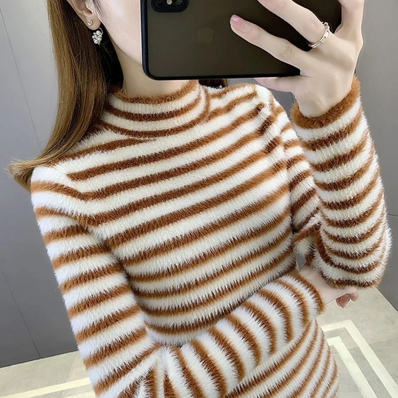 Stripe Plus Velvet Winter Sweater Women Korean Fashion Half High Collar Knit Pullover Oversized Loose Long Sleeve Knitwear Top