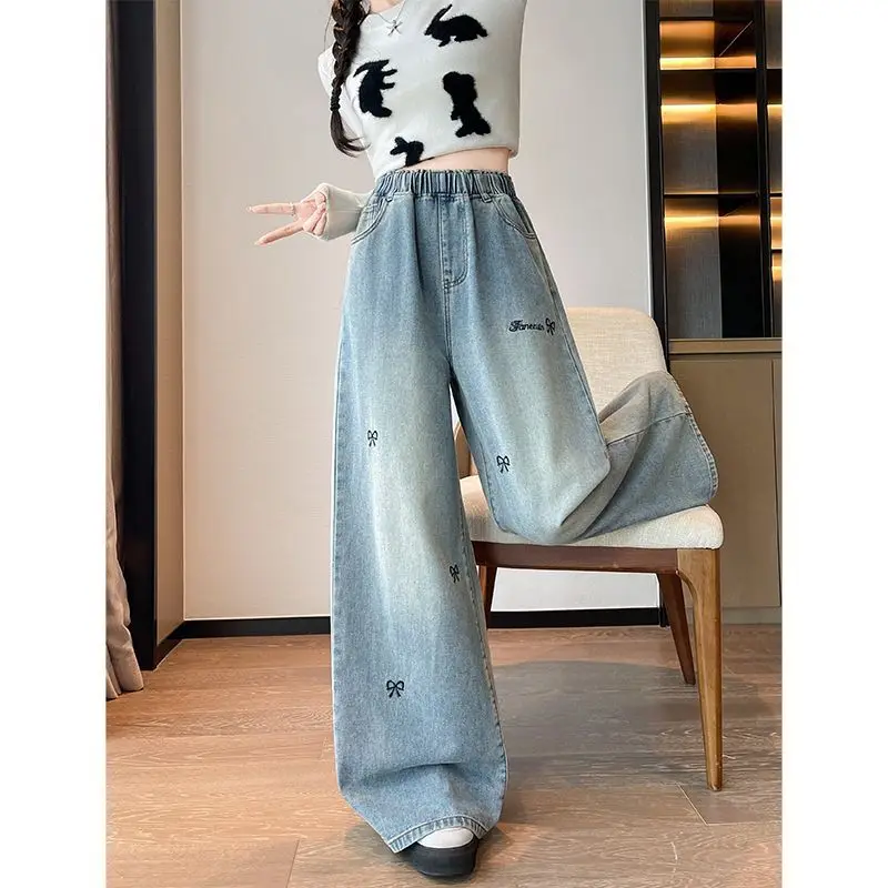 

Plus Size Women's Straight-Leg Wide-Leg Loose-Fit High-Waisted Slimming Fall/Winter Pants with Bow Detail