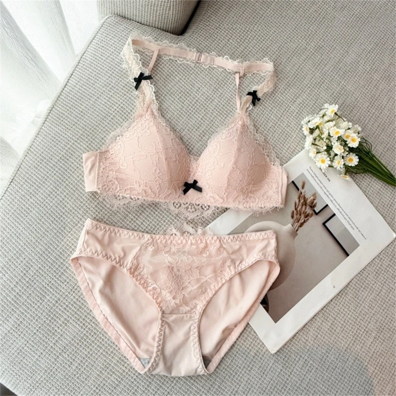 Elegantes französisches Neckholder-Dessous-Set, tiefer V-Spitzen-BH mit Triangel-Cup für kleine Brüste, Push-Up-Bralette ohne Bügel, MOYISU Sexy BH
