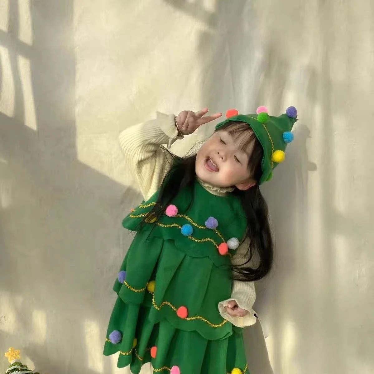 Weihnachts-Cosplay-Kostüm-Set für Erwachsene und Kinder, grünes Weihnachtsbaum-Outfit, niedlich, festlich, Urlaub, Party, Familie, passende Kleidung