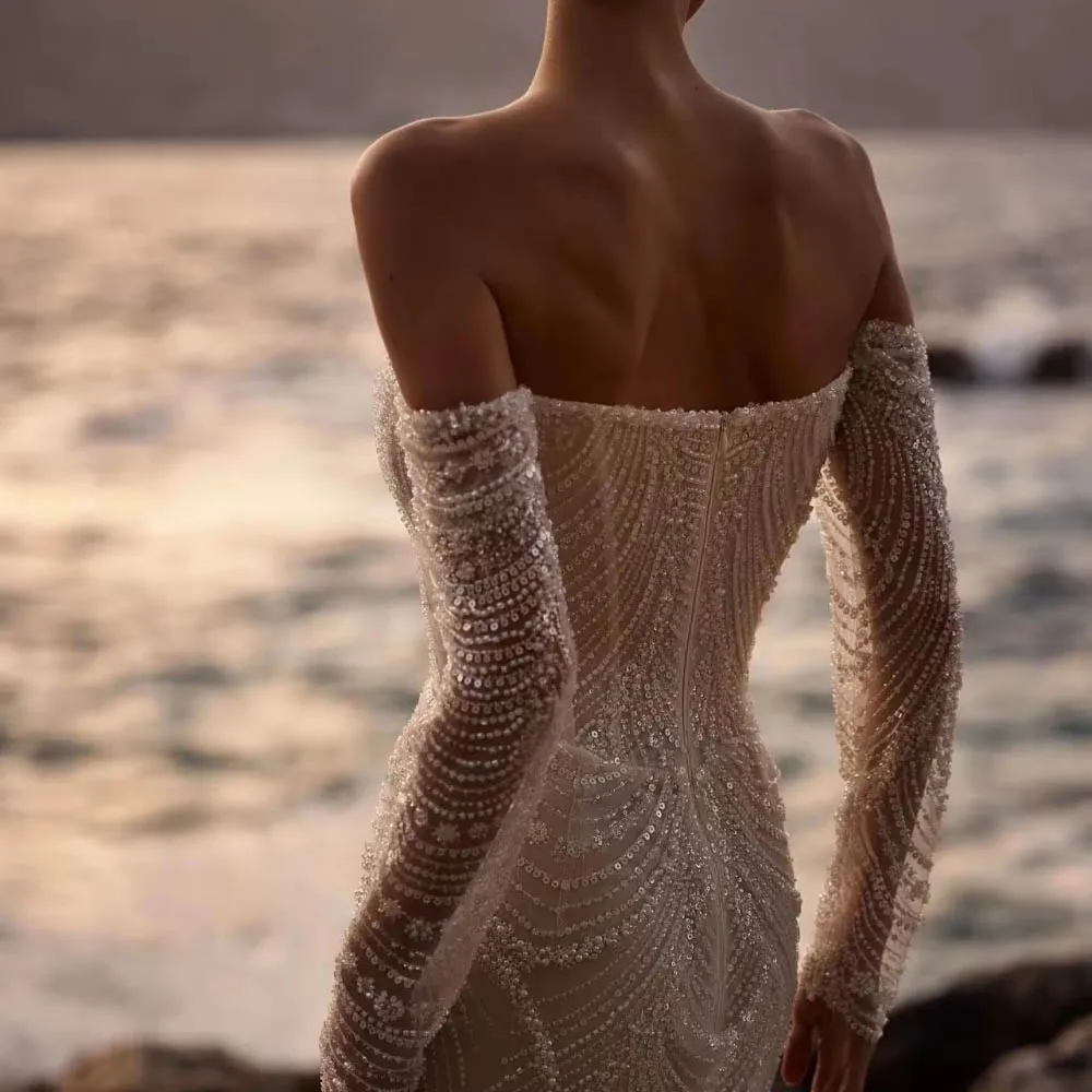 Customized Exquisite Sexy Wedding Dress For Woman Bride Beaded Mermaid Long Open Back Off Shoulder Strapless Bridal Gown
