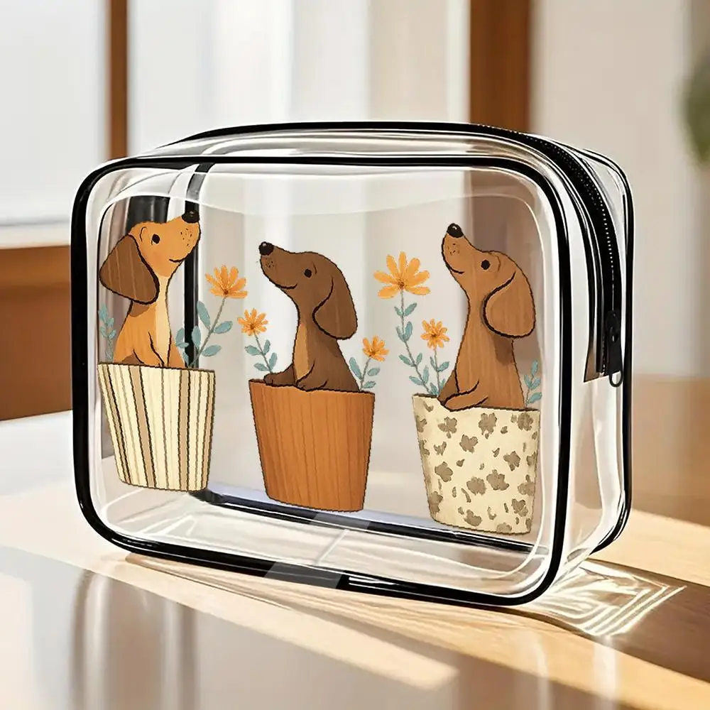 Toilet Bag Dachshund Dogs and Daisy Flowers Clear PVC Cosmetic Bag, Kawaii Cartoon Style Zippered Portable Toiletry Organizer