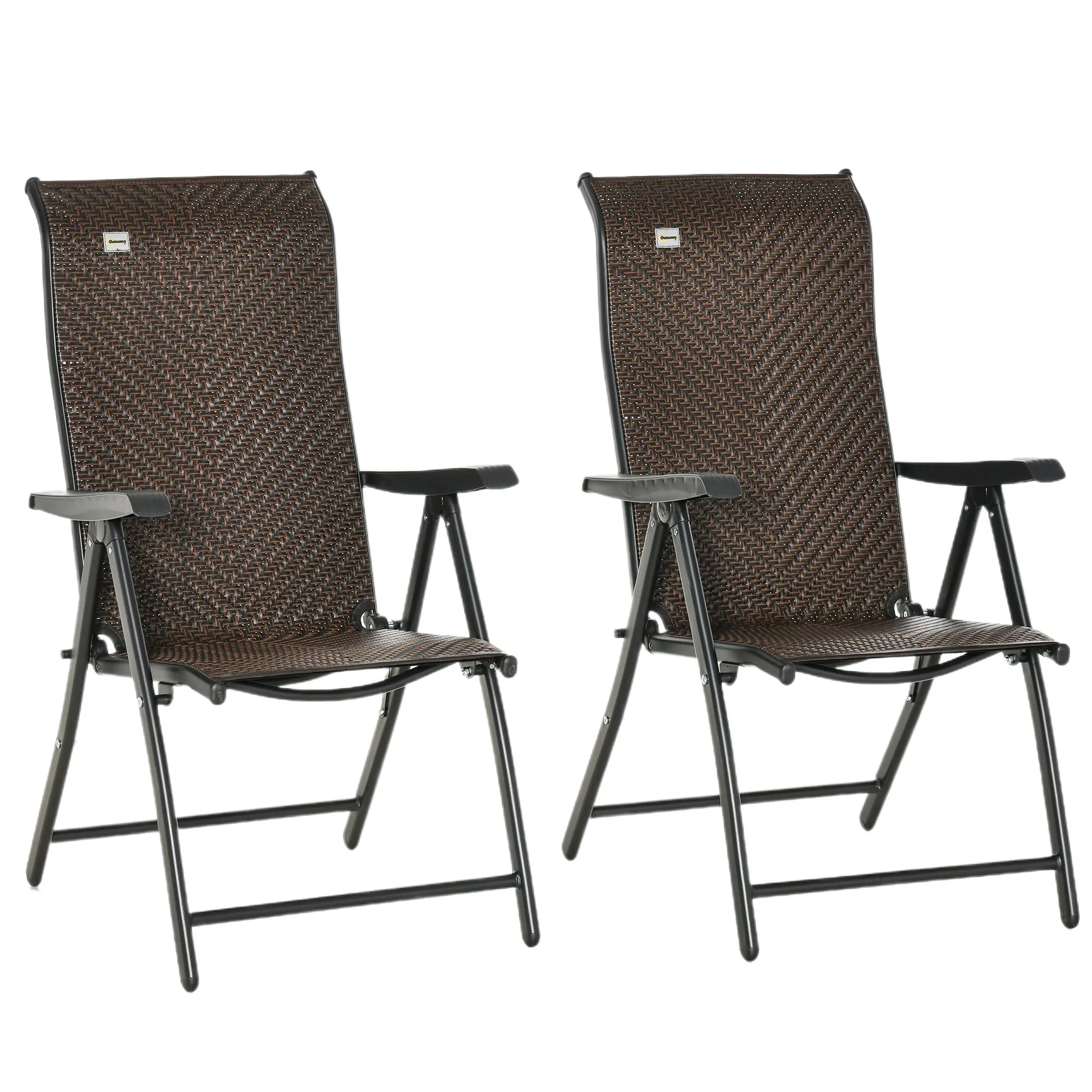 Outsunny Set of 2 Outdoor Wicker Folding Chairs, Patio PE Rattan Armrests Chair set with 7 Levels Adjustable Backrest