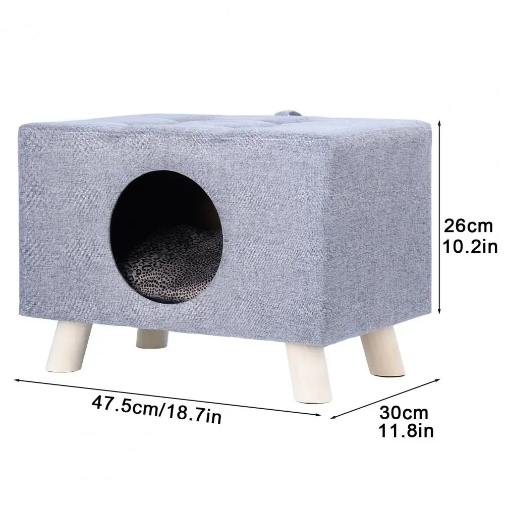 Cat Nest, Wood Pet House Cat Cave with Mat, Pet House Foot Rest Stool with Cushion, Cube House for Cats and Small Dogs