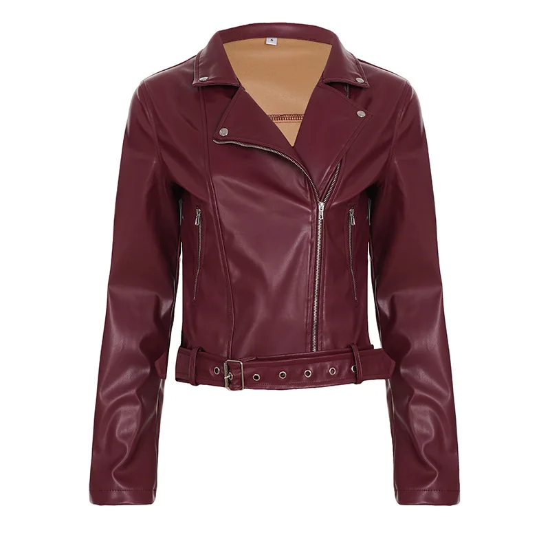 

Женские куртки из искусственной кожи 2026 года, однотонные, на молнии, с поясом, карманами, отложным воротником, длинным рукавом, приталенные, повседневные, для уличной носки, осенние