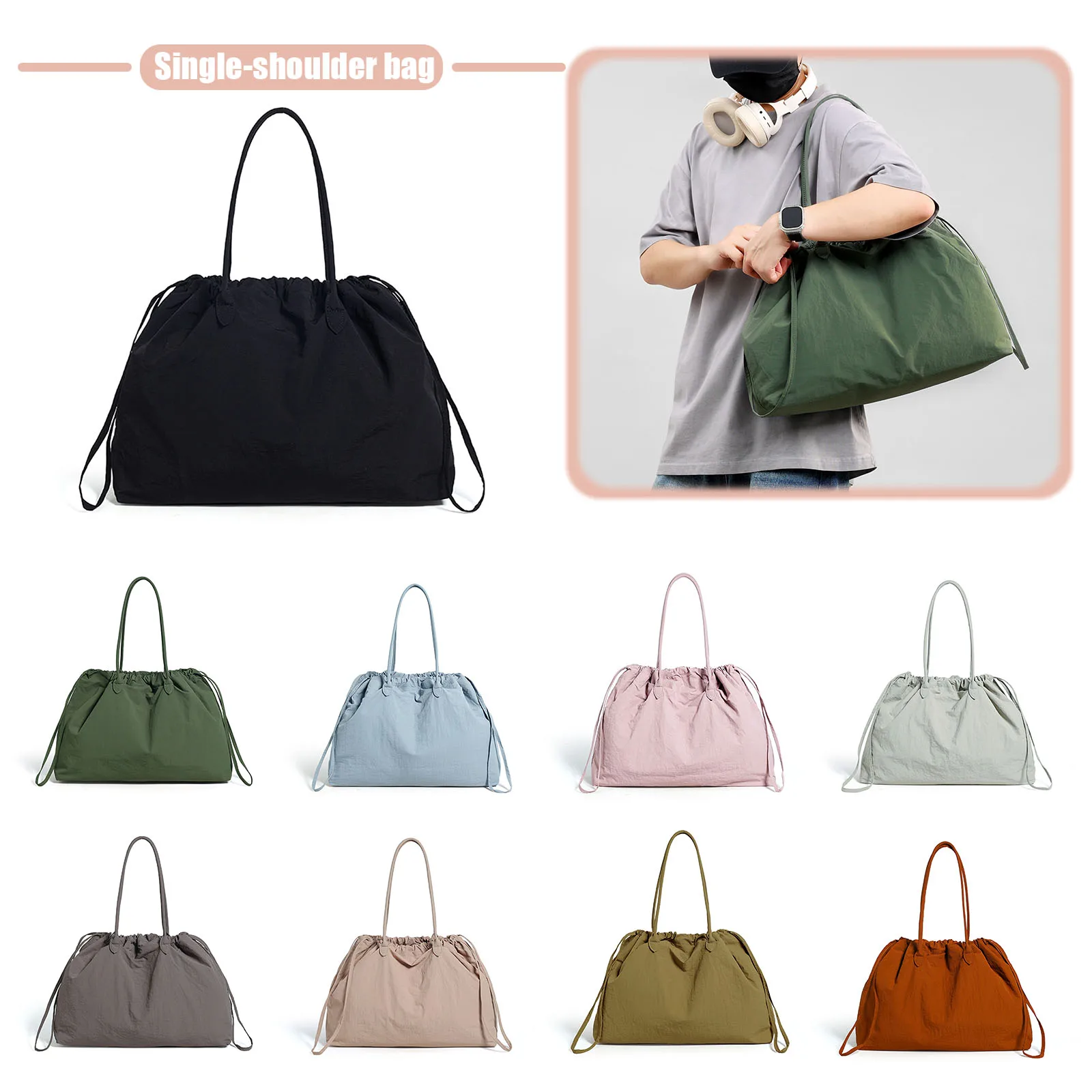 

Nylon Large Capacity Drawsting Bag Simple Shoulder Handbag for Women and Men Travel Gym Work & Daily Use