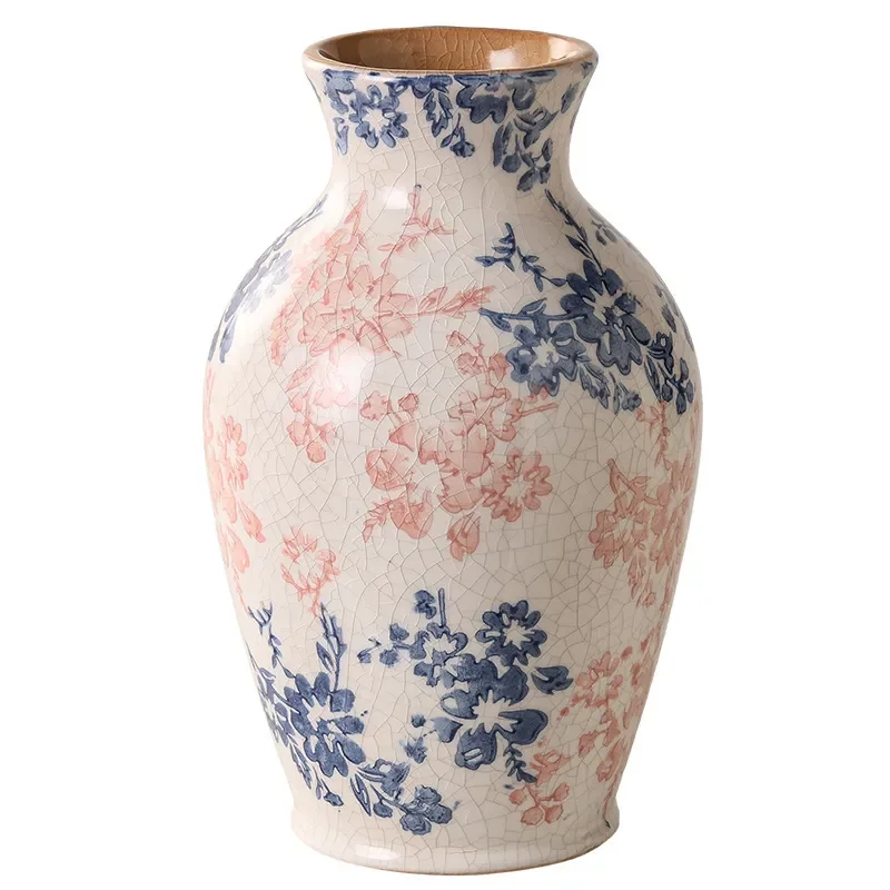 Retro Blue White Ceramic Vase Ice Crack Glaze Chinese Style Flower Arrangement Decor for Living Room TV Cabinet Entrance