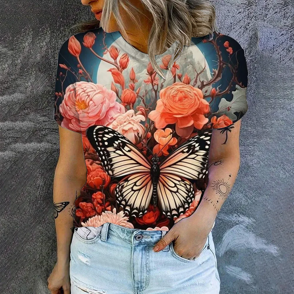 Women\'s Round Neck T-Shirt 2024 Popular T-Shirt Fashion Butterfly Pattern Print Women\'s Elegant Leisure Short Sleeve T-Shirt