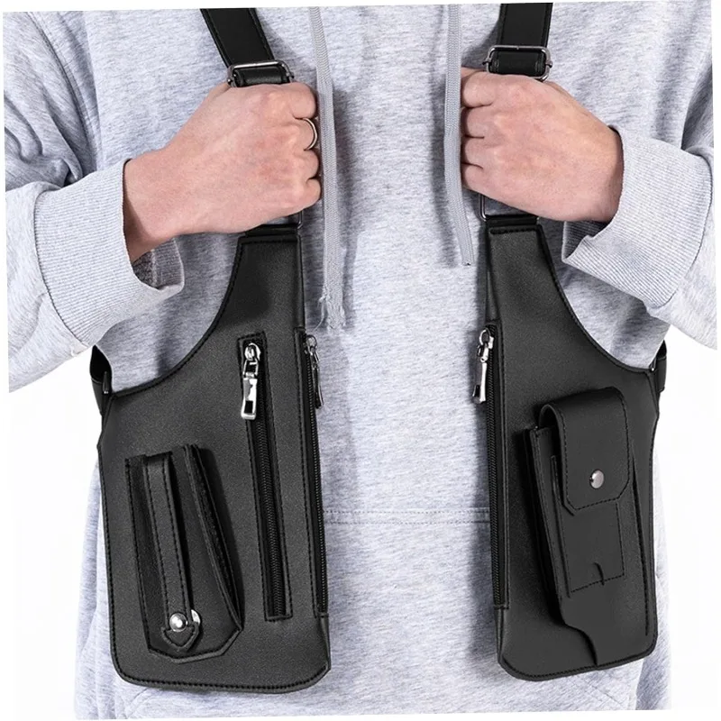 

Men Adjustable Double Shoulder Strap Multi-Pocket Outdoor Anti-Theft Tactical Fishing Bag Waterproof PU Leather Crossbody Bags