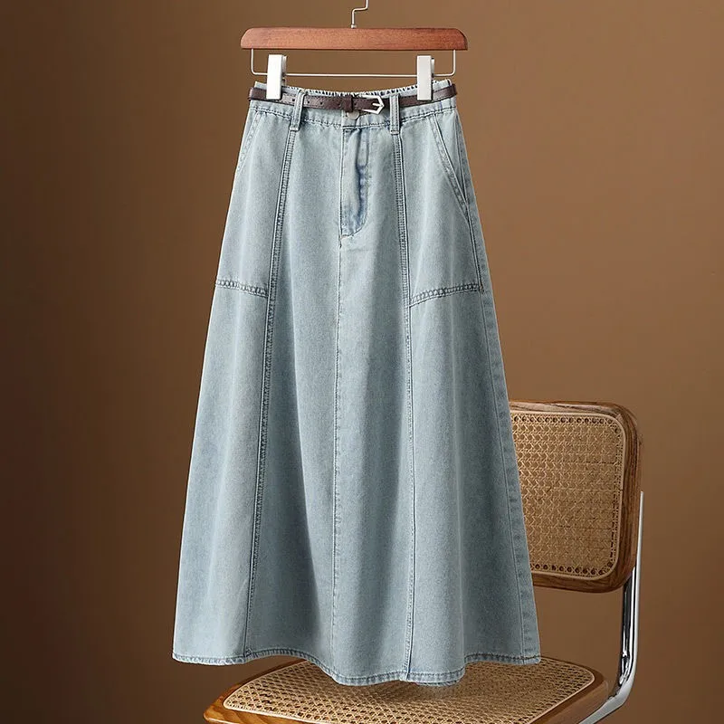 2023 Spring New Korea Fashion Women High Waist Loose Vintage Blue A-line Skirt All-matched Casual Cotton Denim Skirt P116