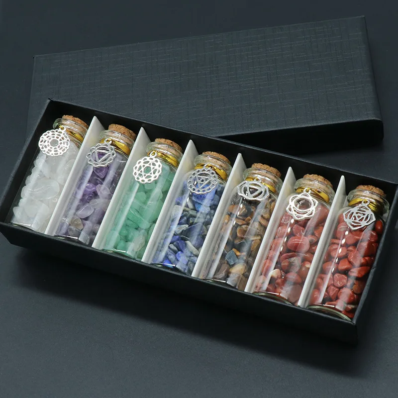 7 Different Gemstone Bottles Chip Crystals with Seven Chakra Symbol Reiki Healing Crystal Wishing Bottle Set