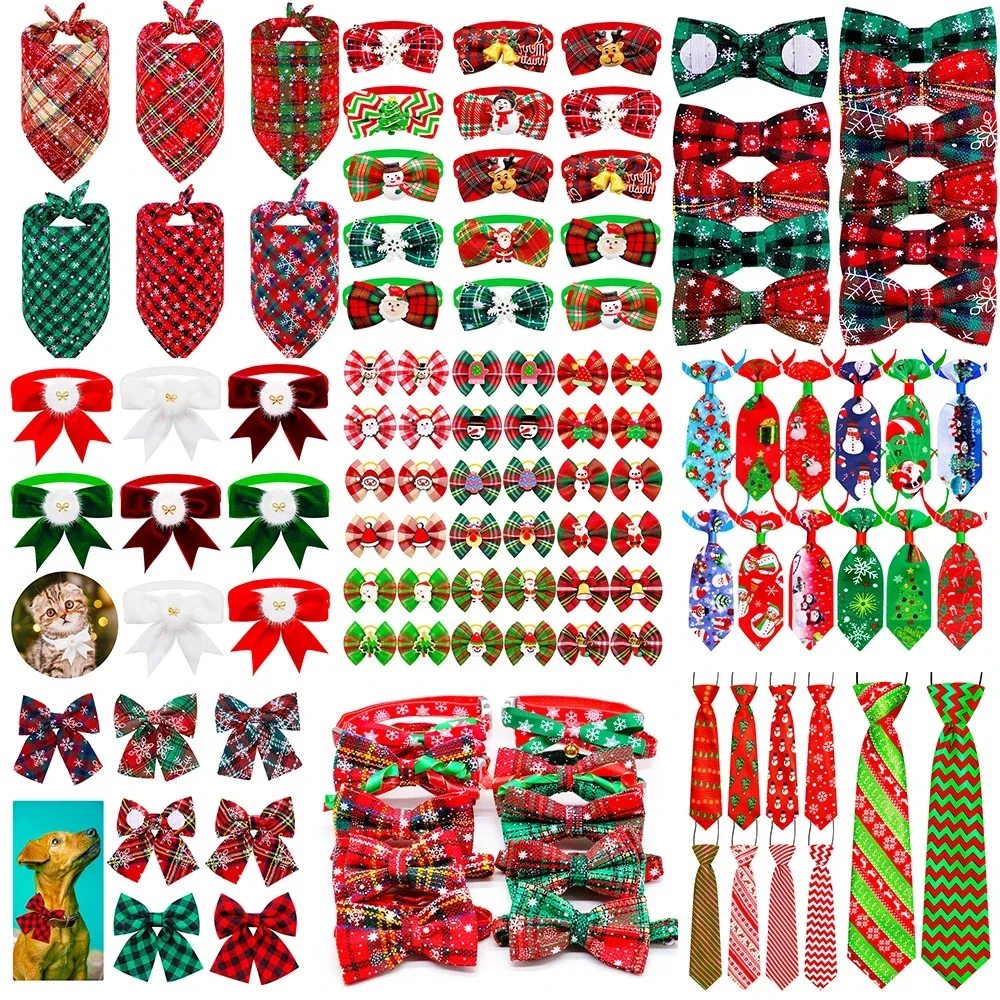 50PCS Wholesale Christmas Decorate Dog Bowties Dog Cat Collalrs Christmas Grooming Pet Neckties Bandana Small Large Dog Supplies