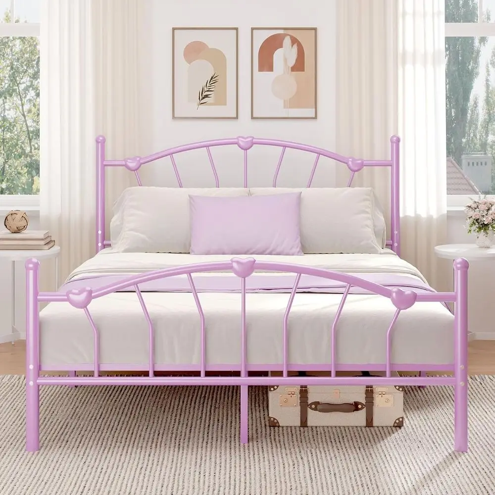 

ull Size Bed e, ull Bed e with Heart-Shaped Decorative board and ootboard, Girls Bed e, Heavy Duty Metal Slat Support, No Box Sp