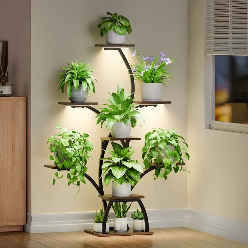 7 Tier Wooden Metal Plant Stand with Grow Light Tree Shape Flower Pot Rack for Indoor Home Garden Decoration Modern Style