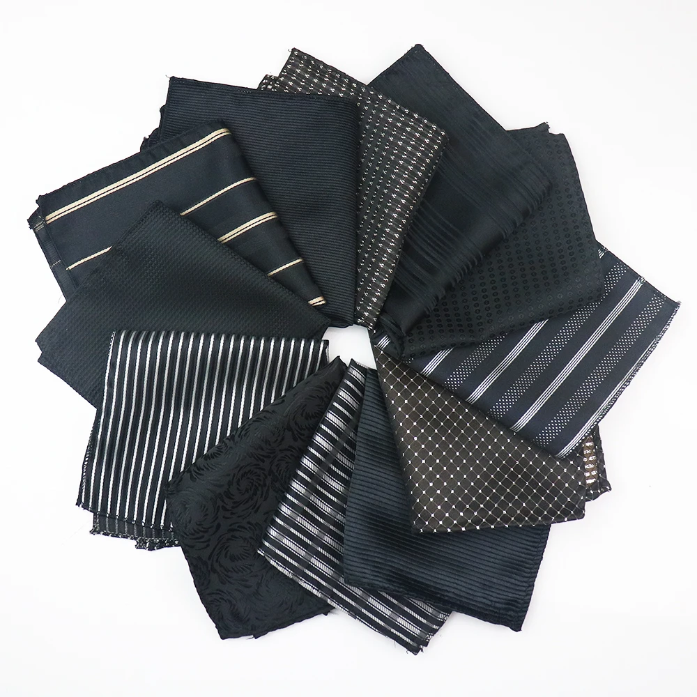 22cm Black Color Pocket Square Mens Formal Business Striped Dots Handkerchief Wedding Party Suit Accessories Tuxedo Hanky Gift
