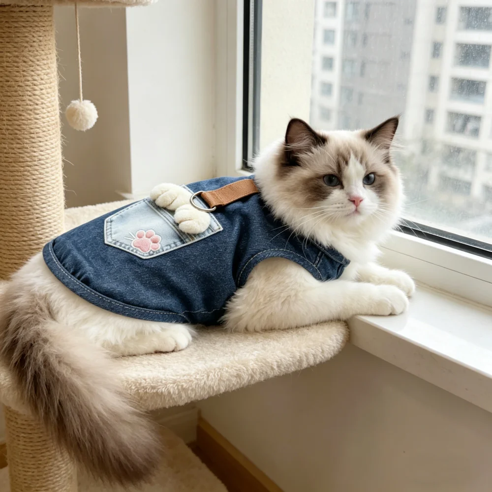 1pc Spring and summer thin pet denim vest with pockets and claws that can tow cats and dogs in denim clothing