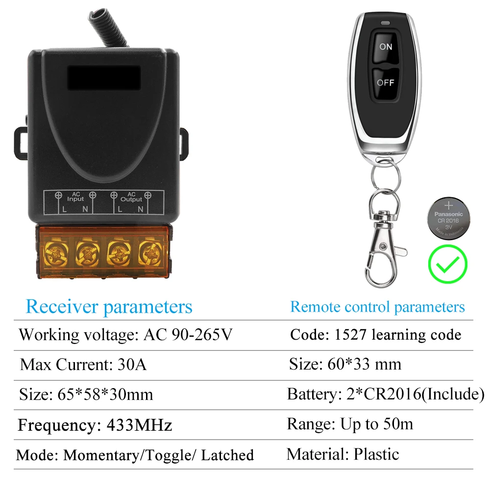 433MHz รีโมทคอนโทรล AC 220V 30A High Power On Off รีโมทคอนโทรลเครื่องส่งสัญญาณ 50m สําหรับปั๊มน้ํา LED/เครื่องใช้ไฟฟ้า