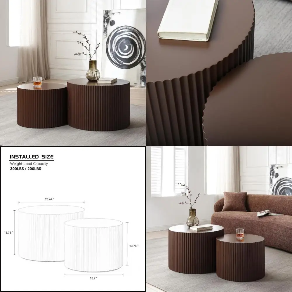 طاولات القهوة المتداخلة المعاصرة، زوج من الطاولات الجانبية الخشبية المستديرة لغرف المعيشة المدمجة - بني #1
