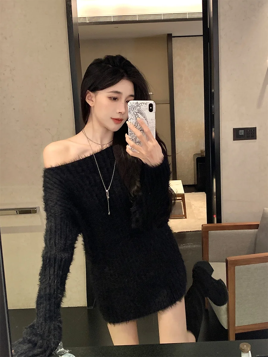 

Loose Women's Pullover Sweater oulder Bared Imitation Fur White Comfortable Lazy Sle Winter Commute Faion