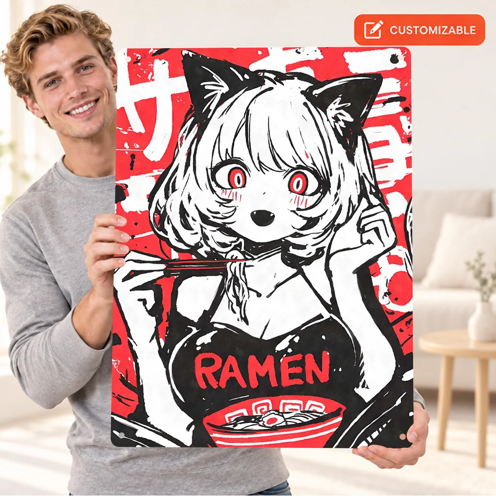 Anime Cat Girl Eating Ramen Textured Metal Poster Personalized Aluminum Sign Minimalist Vector Illustration Wall Art For Cafe