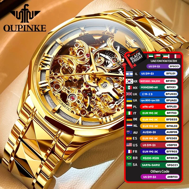 OUPINKE Men's Watches Automatic Mechanical Hollow Out Design Watches Luxury Men Waterproof Watch For Man Gold Style