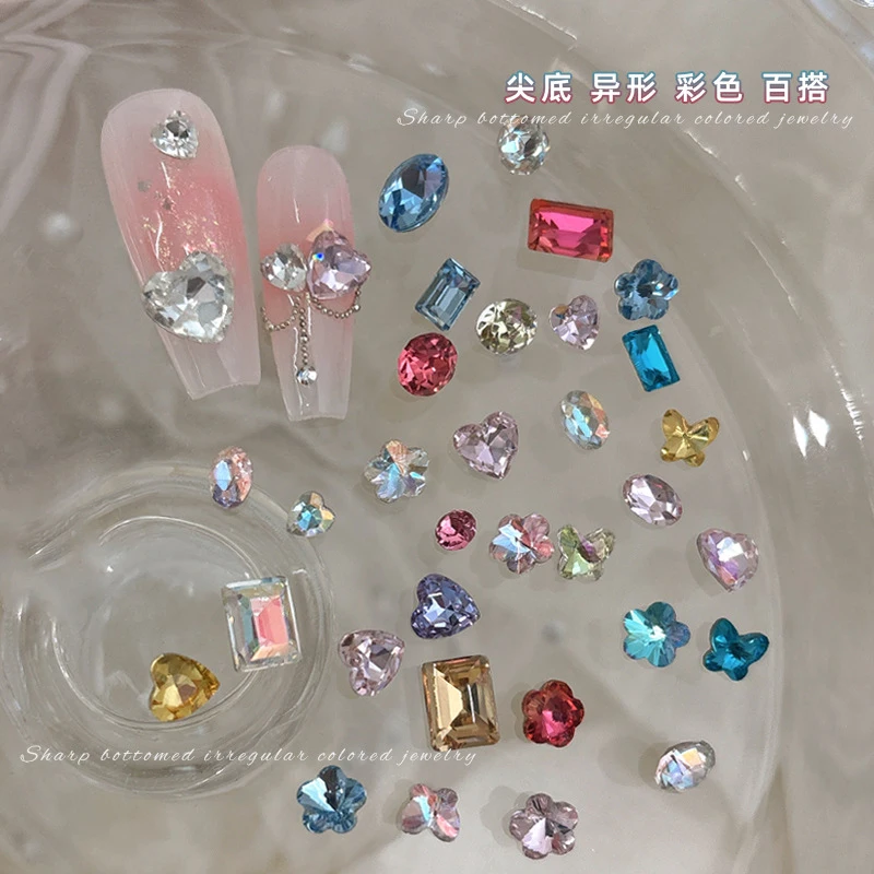 30pcs mix 3-8MM Pointed Bottom Irregular Nail Crystal Small mixed Shape Flass Pile Drill Applies DIY Accessories