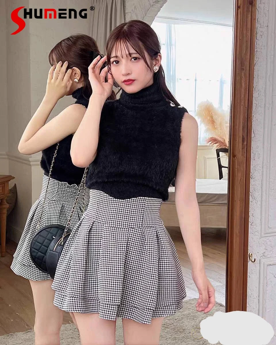 

Mine Mass-Produced Sweet Macaron Short Skirt Female Japanese Style Radian Waistline Leg-Shaping Black Culottes Skirts for Woman