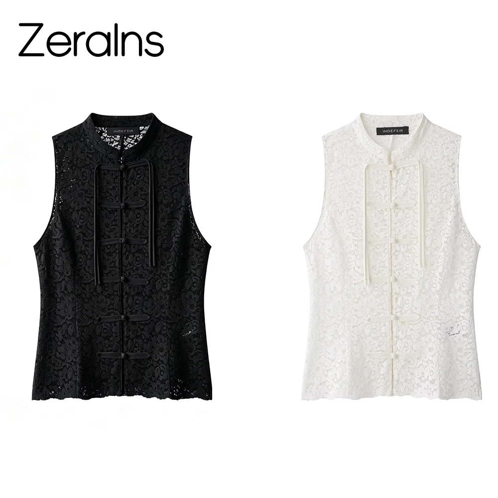 

ZERAINS Summer new women's clothing new Chinese style round neck sleeveless knot buckle embellished with raised lace vest top