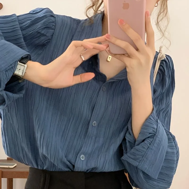 QWEEK Elegnat Vintage Long Sleeve Shirt Woman Korean Office Ladies Blouses Female Casual Basic Old Money Style Aesthetic Spring