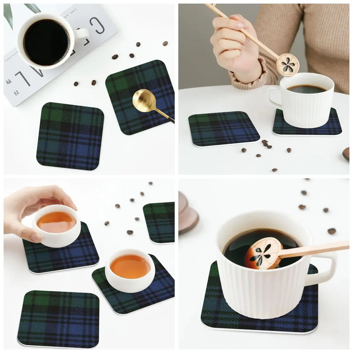 Black Watch Ancient Original Scottish Tartan Coasters Kitchen Placemats  Insulation Cup Coffee Mats  Tableware Pads Set of 4