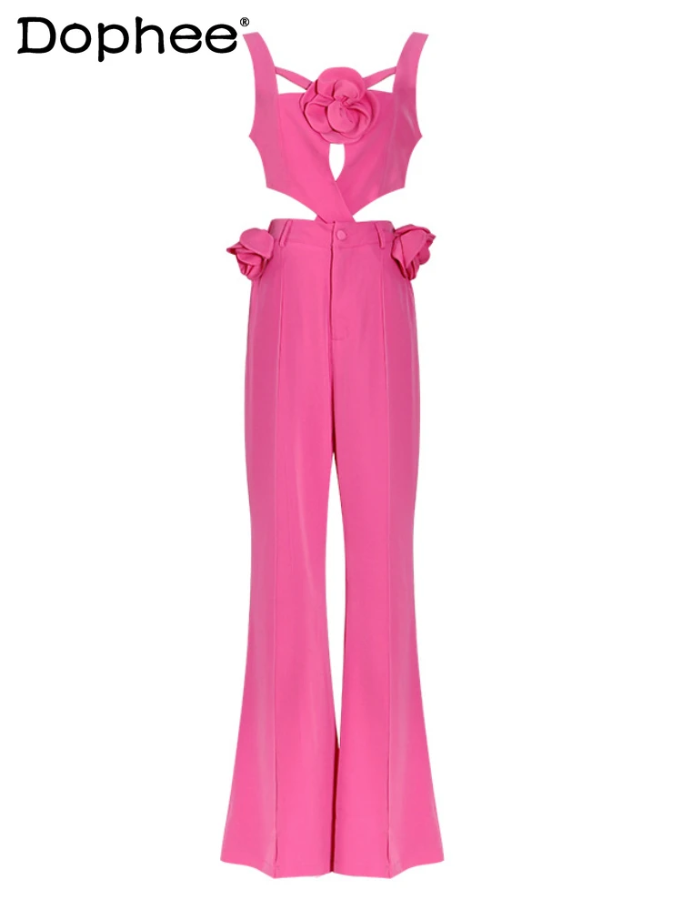 

Sexy Hot Girl Pants Suit 2024 Spring Summer Sweet Tridimensional Flower Cross Detachable Hollow Vest Jumpsuit Two-Piece Set