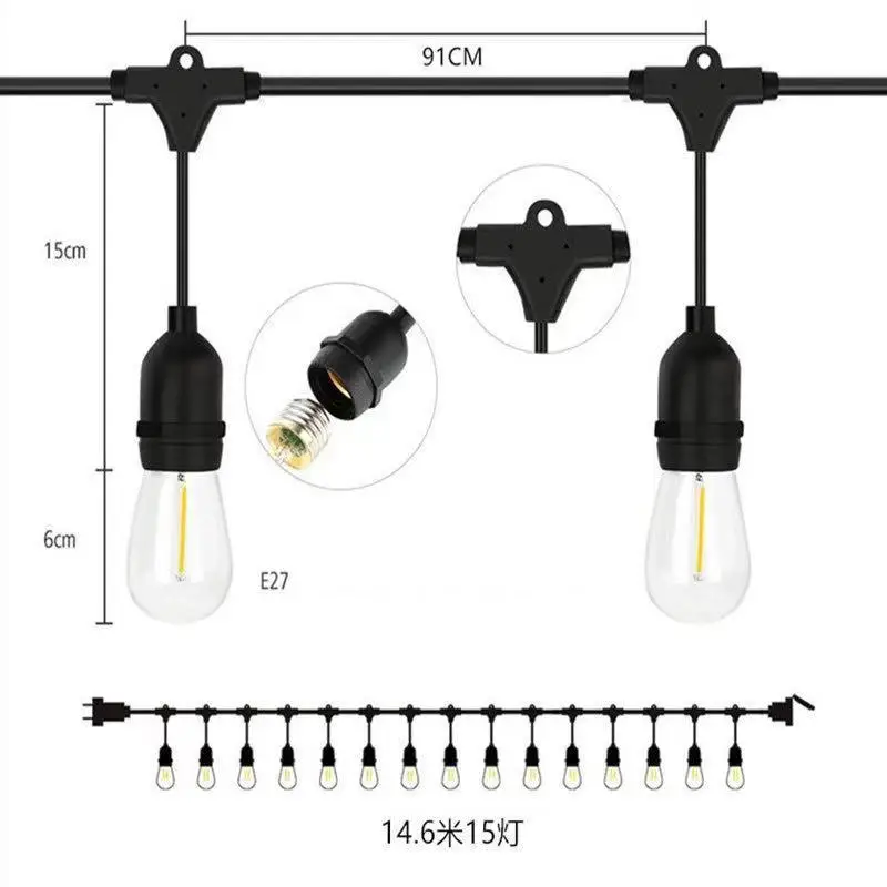 15m 15 Bulbs Outdoor Waterproof  E27 2W Warm White Led String Light for Bar, Garden,  Party wedding Decoration