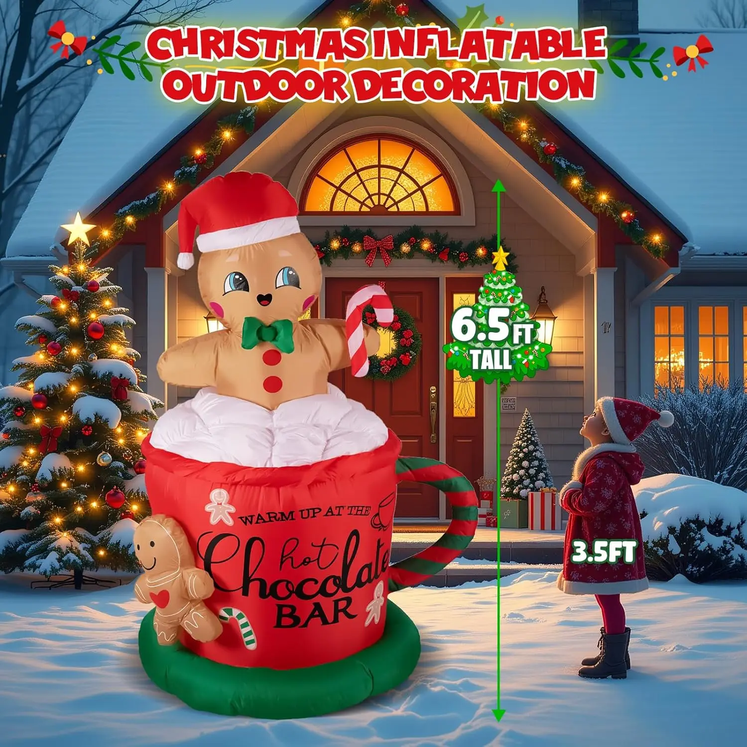 6.5FT Giant Inflatable Gingerbread Man with LED Lights, All-Weather Outdoor Christmas Decoration, Hot Chocolate Mug Yard Decor​