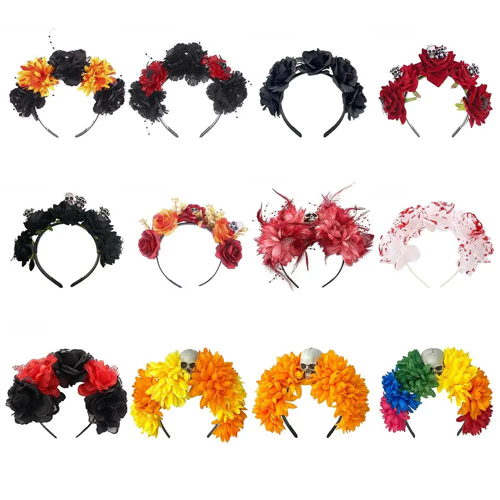 Diadema Retro de calavera de araña para mujer, accesorios para el cabello para fiesta de Halloween, corona de flor de Rosa Mexicana, diademas de flores