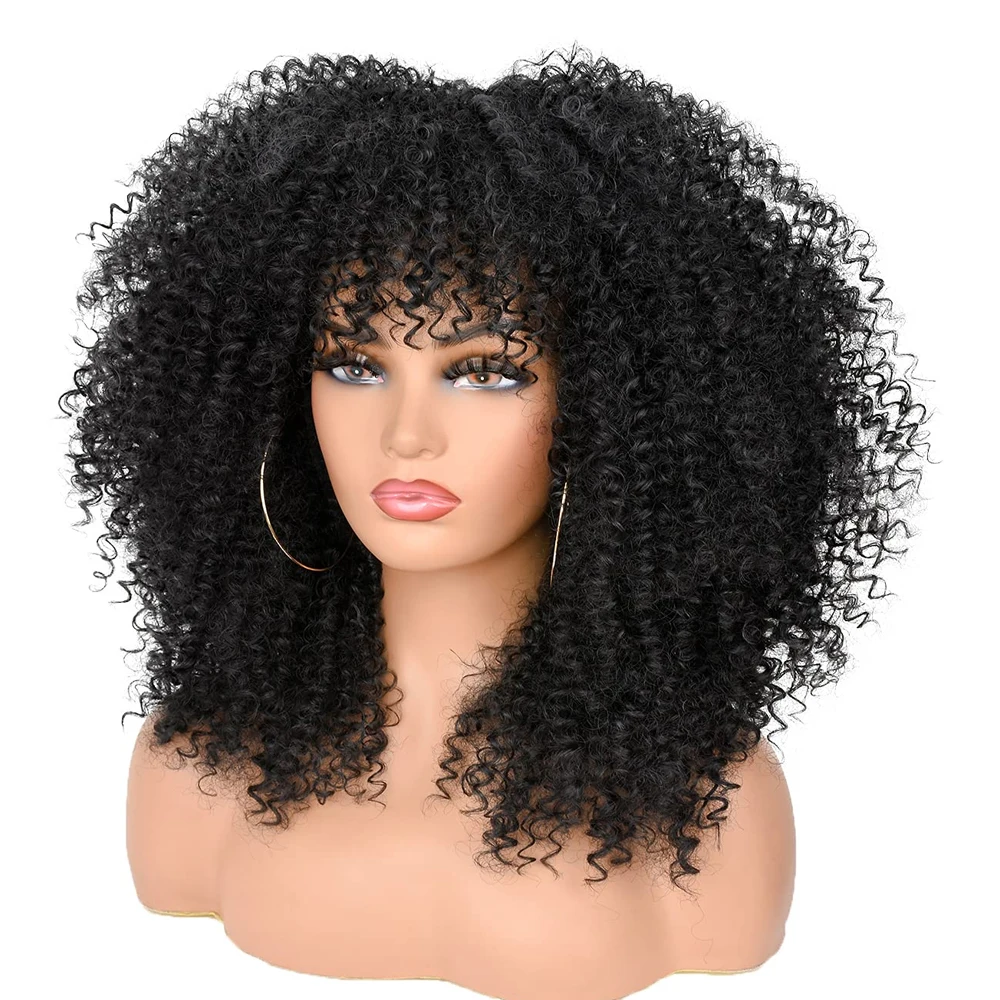 Afro Kinky Curly Wig with Bangs 300 Density Synthetic 18inch Wear And Go Glueless Curly Wig for Black Women Fiber Pixie Cut Wig
