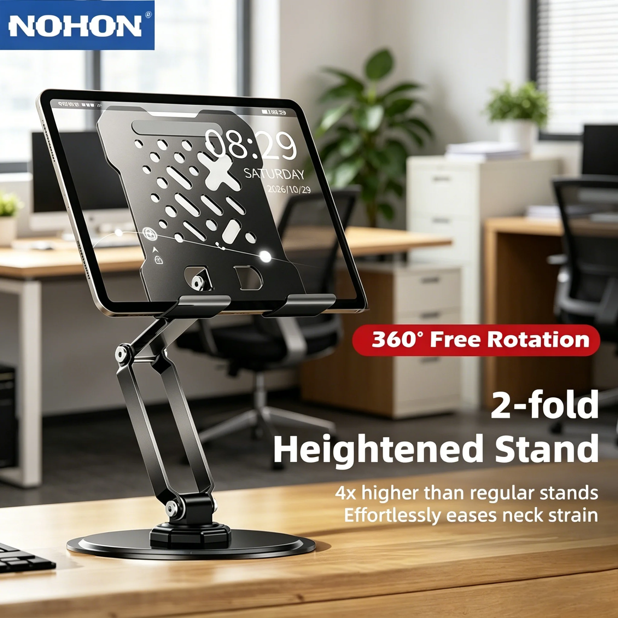 

NOHON 360° Rotatable Tablet Phone Stand 2-Fold Heightened Adjustable Desktop Holder 4X Higher Neck Pain Relief Foldable Bracket for iPad iPhone Macbook Huawei Xiaomi Samsung Oneplus