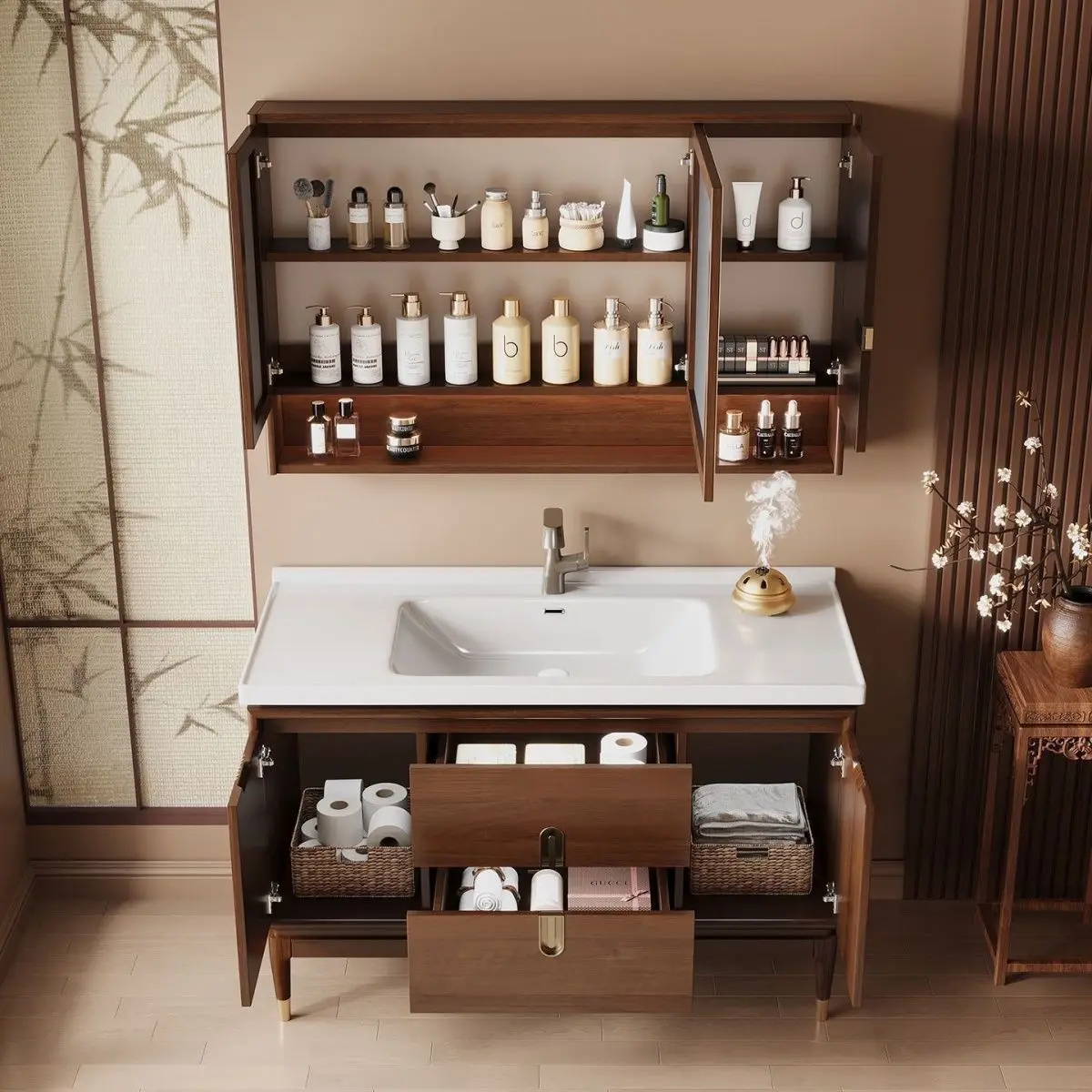 Factory Direct 2026 New Chinese ebony oak bathroom cabinet waterproof and moisture-proof ceramic integrated spray smart mirror c