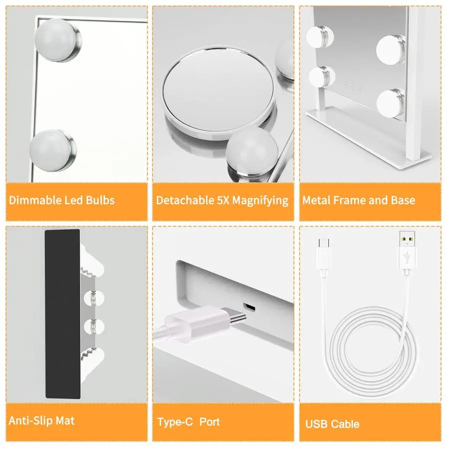 Mirror with Lights, Hollywood Lighted Makeup Mirror with 3 Color Lighting Modes and 12 Dimmable Bulbs, Detachable 5X Magnificati