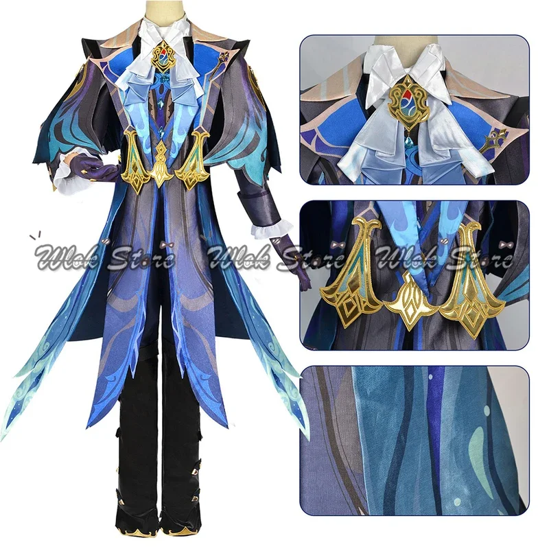 Genshin Impact Neuvillette Cosplay Costume with Leg Cover Fontaine Chief Justice Uniform Wig Boots Halloween Carnival Clothes