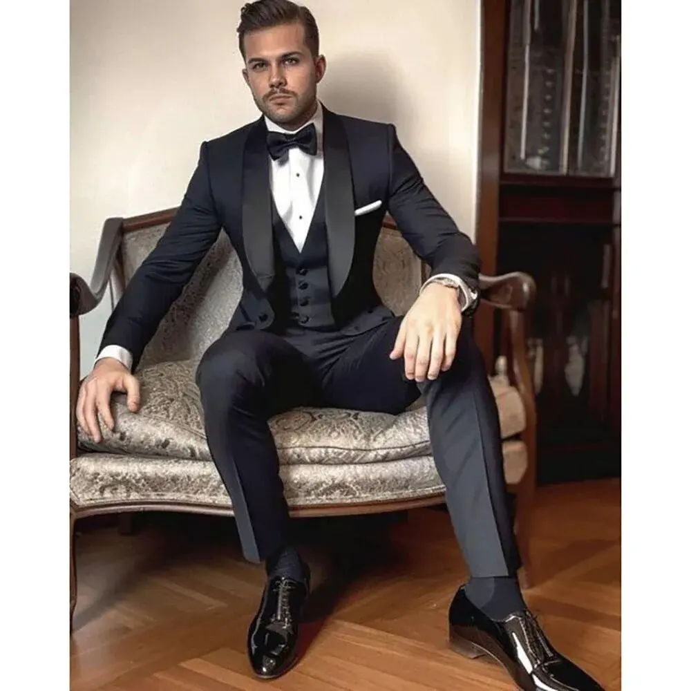 

High Quality 3 Pieces Black Slim Single Breasted Men Suit Blazer+Pants+Vest shawl lapel Wedding Formal Work Tailored Set for man