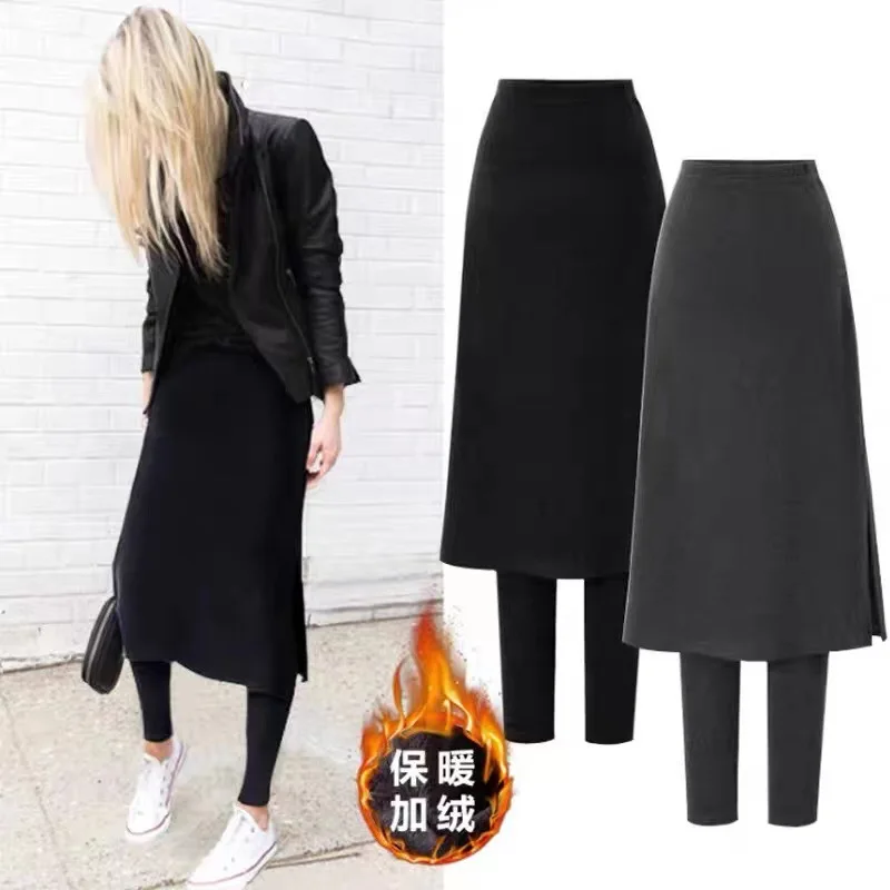 Plus-size women's thin plus fleece thick leggings skirt false two one body pants warm trousers casual pants