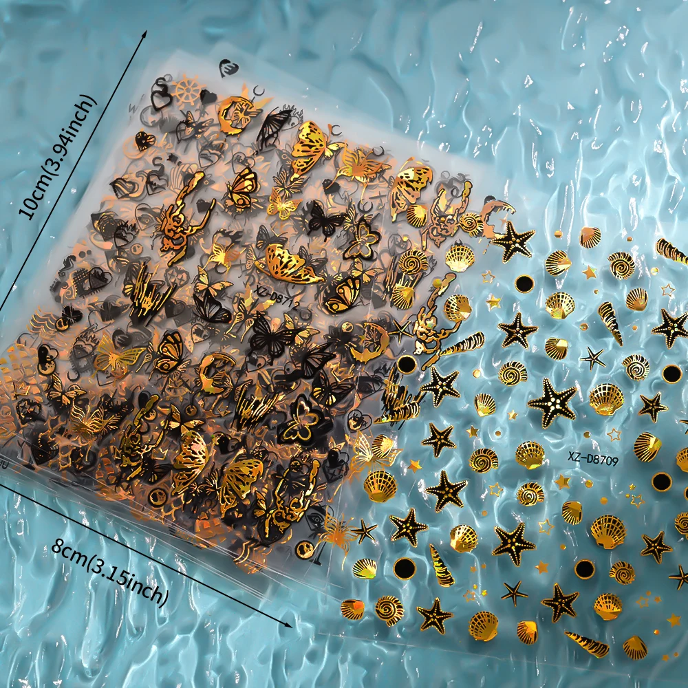 12Pcs3D Laser Schwarz Gold Sommer Marine Leben Nail art Aufkleber Seestern/Muschel/Shell Maniküre Aufkleber Herz Linie klebstoff Nagel Slider