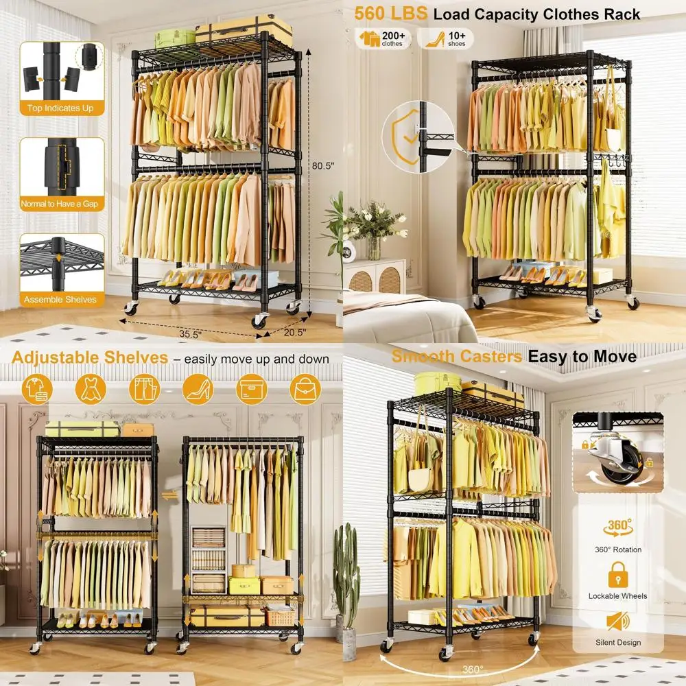 

Сверхмощная портативная металлическая вешалка для одежды с колесами, 35,5 Вт × 20,5D × 80,5H, вмещает до 560 фунтов, черный