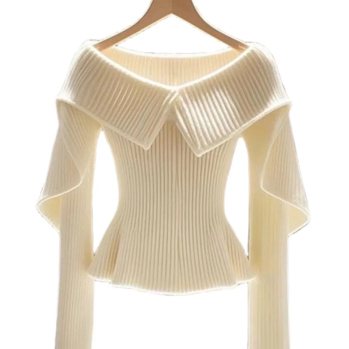 Off-white Lapel Straight-shoulder Waist Sweater Knit Sweater Women\'s Autumn Winter 2024 New Sweet Top