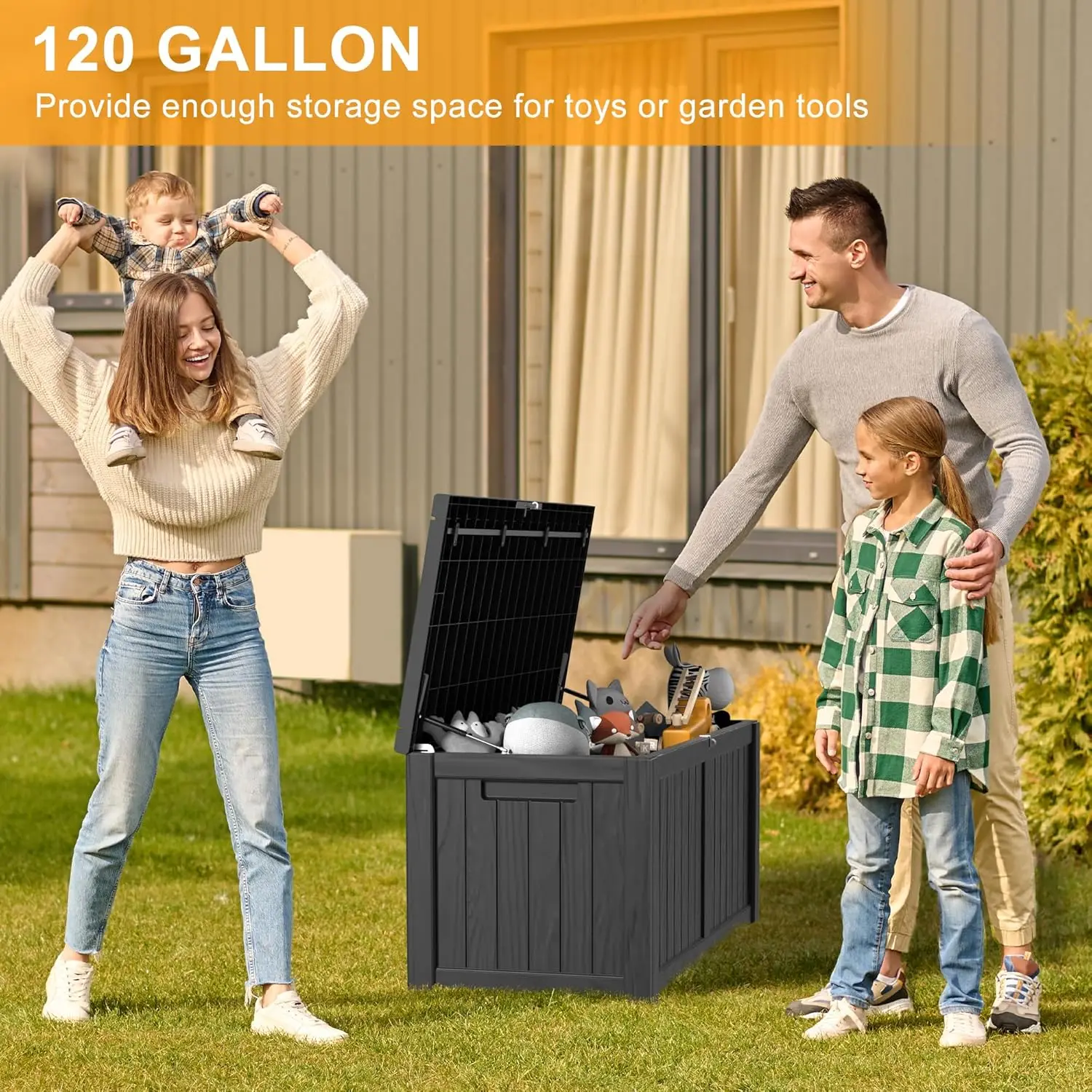 120 Gallon Outdoor Storage Box - Deck Box Waterproof Patio Furniture, Garden Tools, Cushions, Pool Accessories Outside Storage