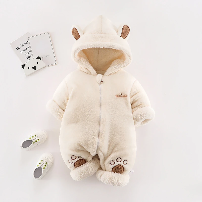 Baby Bodysuit Winter Newborn Infant Warmth Thickened Coral Plush Set Zipper Single Breasted Long Climbing Bodysuit