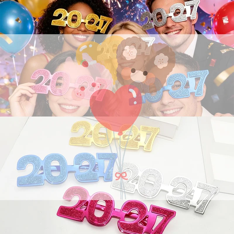 2027 Glitter Number Party Glasses Shiny Surface Multi Color Options For New Year Eve Celebration Photo Booth Props