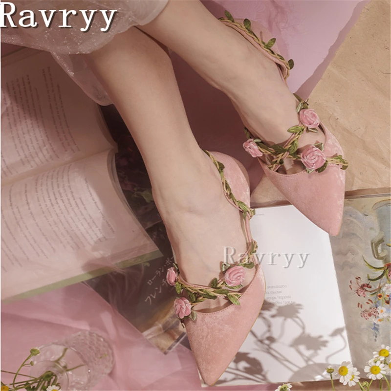 Pink Flower Vine Pointed Toe Pumps Women Shallow Middle Heel Fairy Style Female Shoes Sweet Summer New Design Sandals