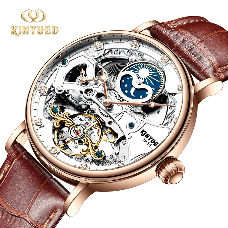 

KINYUED брендовые модные механические часы со скелетом для мужчин, кожаный ремешок, водостойкие полые автоматические часы с турбийоном, мужские часы Reloj