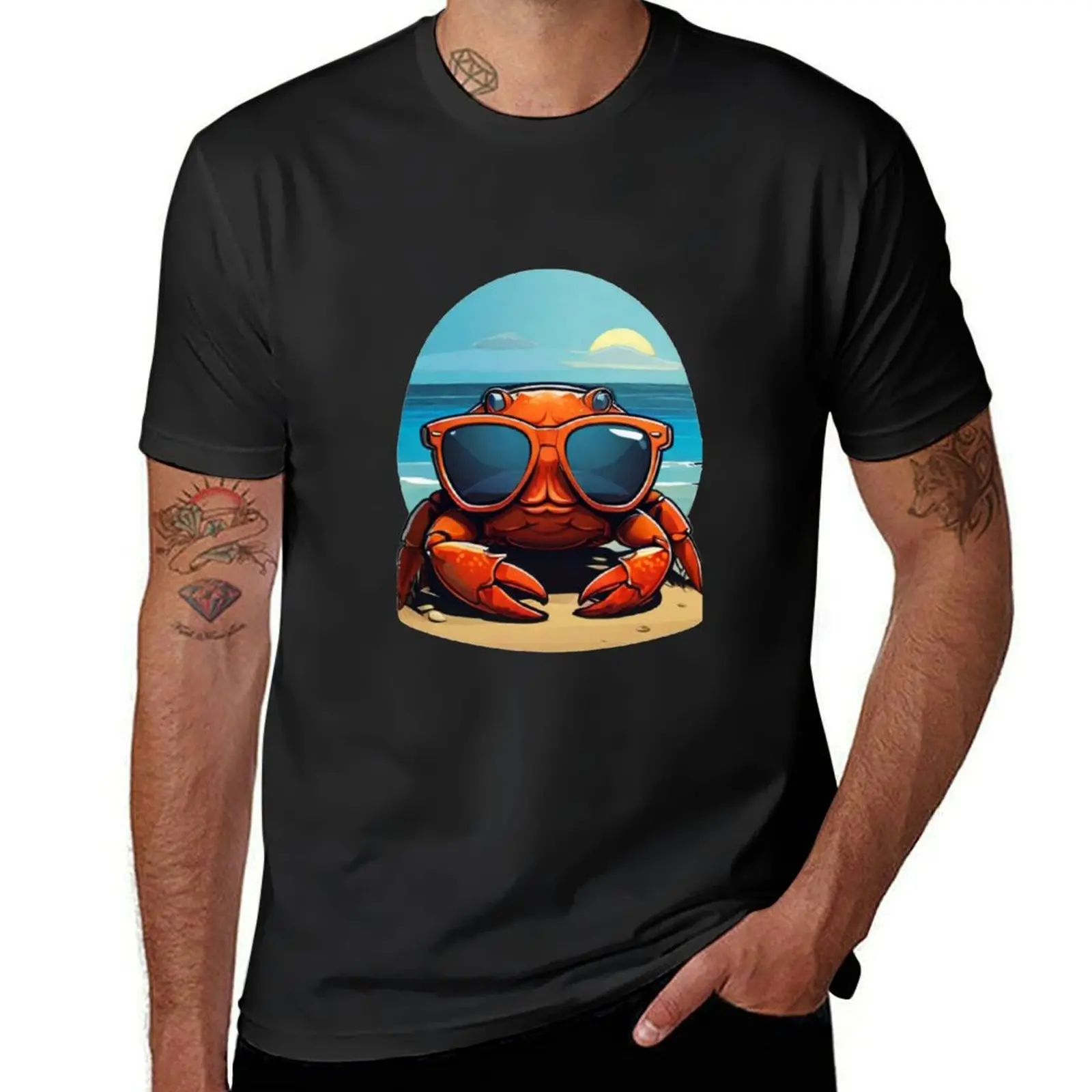 crab in sunglasses on the beach T-shirt vintage clothes anime clothes plain oversized t shirts for men